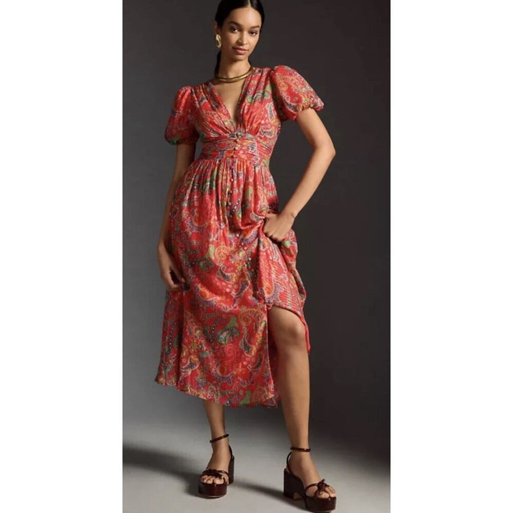 Anthropologie Katerina Lurex Button Front Floral Midi Dress Size 4 NWT